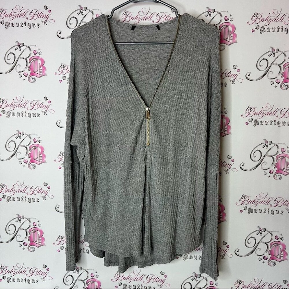 Waffle knit long sleeve zip up adjustable Gray Zippered Women's Top